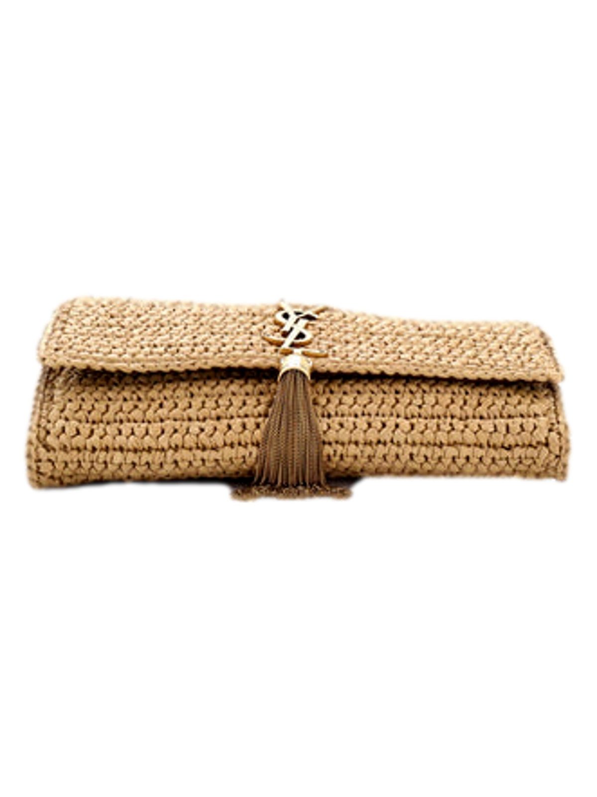 Saint Laurent Kate 99 Beige Raffia Crossbody Bag with Tassel