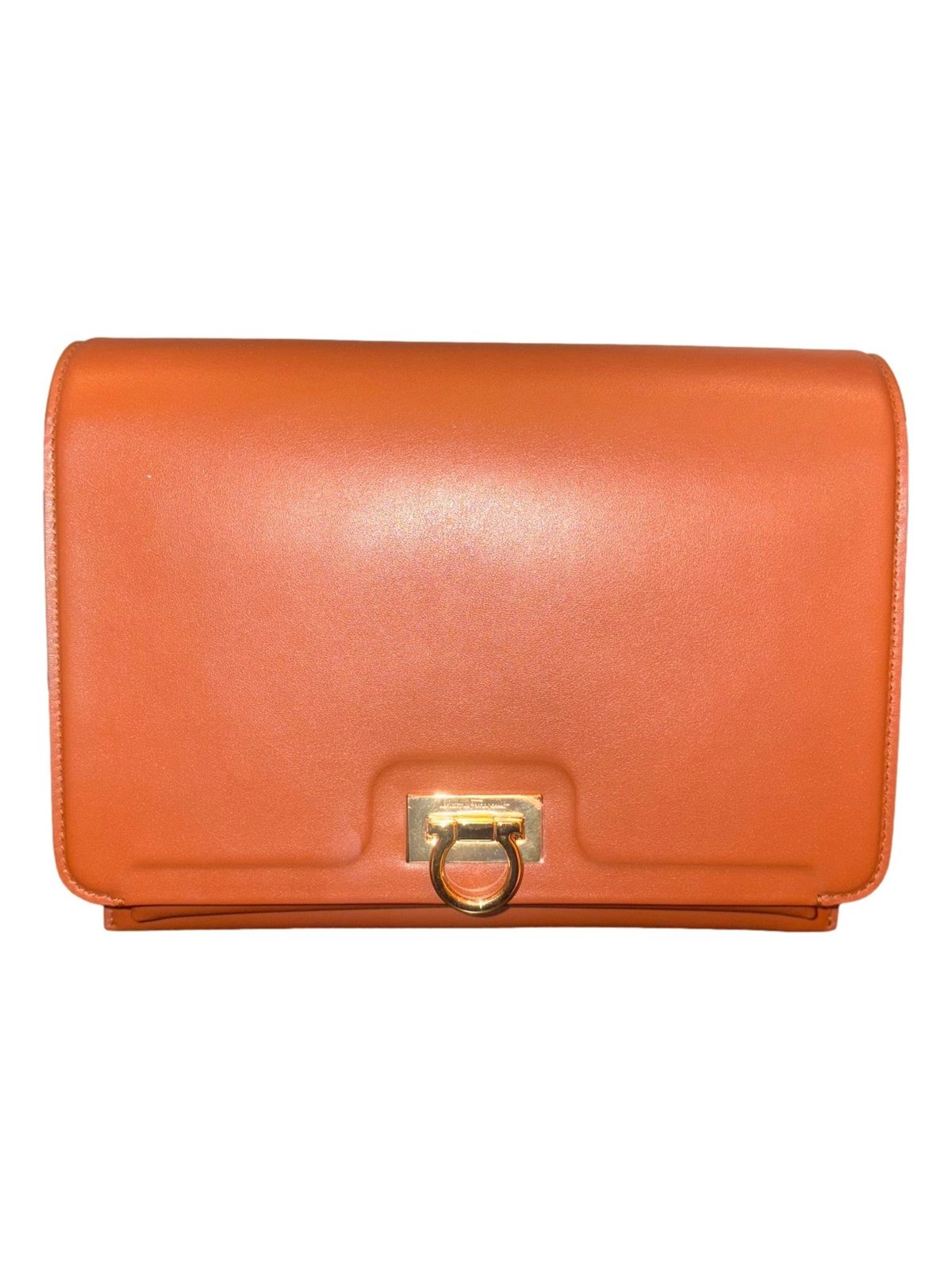 Ferragamo Trifolio Cognac Brown Soft Leather Flap Crossbody Bag Gold Gancini