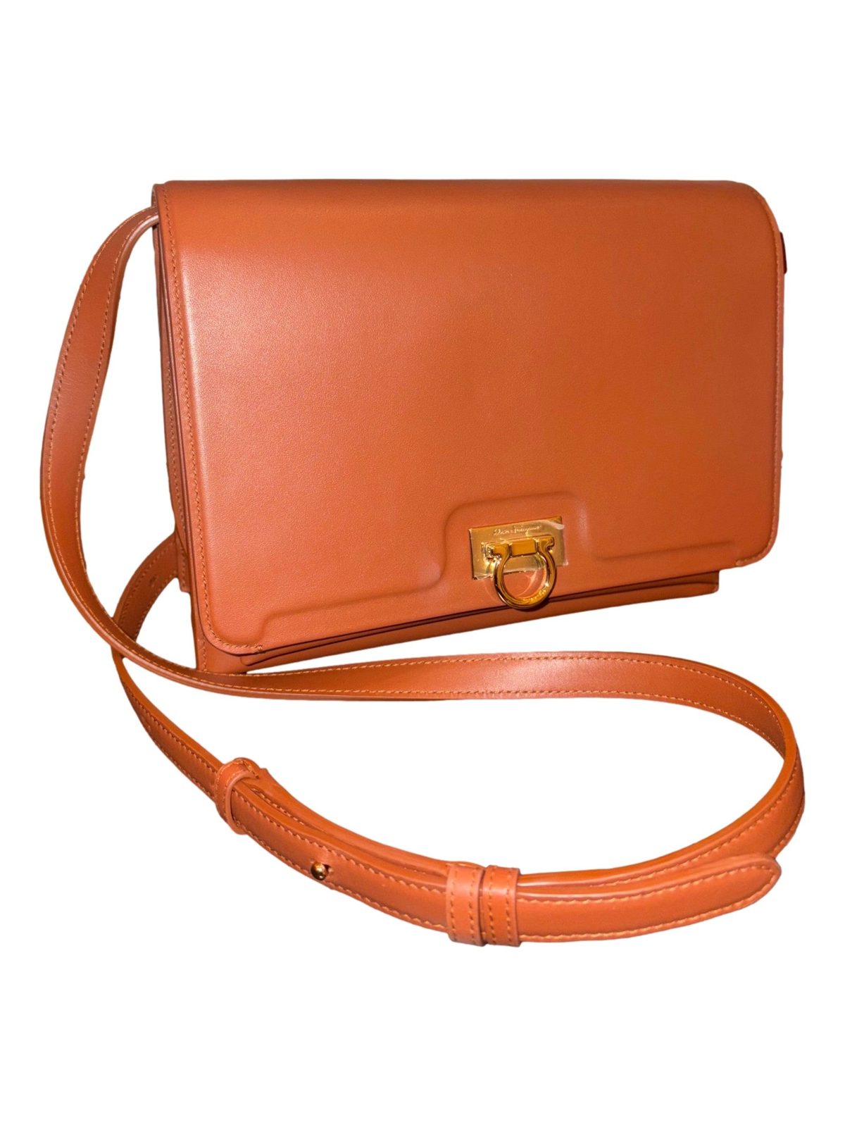 Ferragamo Trifolio Cognac Brown Soft Leather Flap Crossbody Bag Gold Gancini