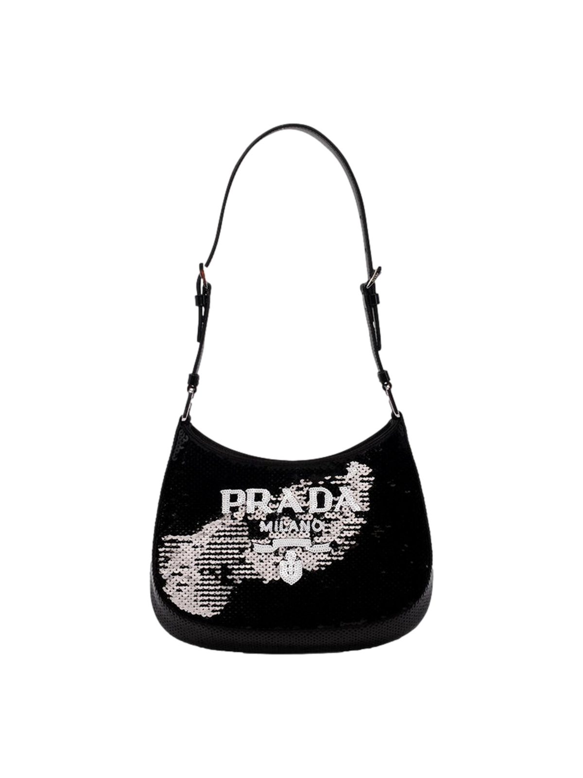 Prada Cleo Sequin Milano Logo Mini Shoulder Bag Black and White