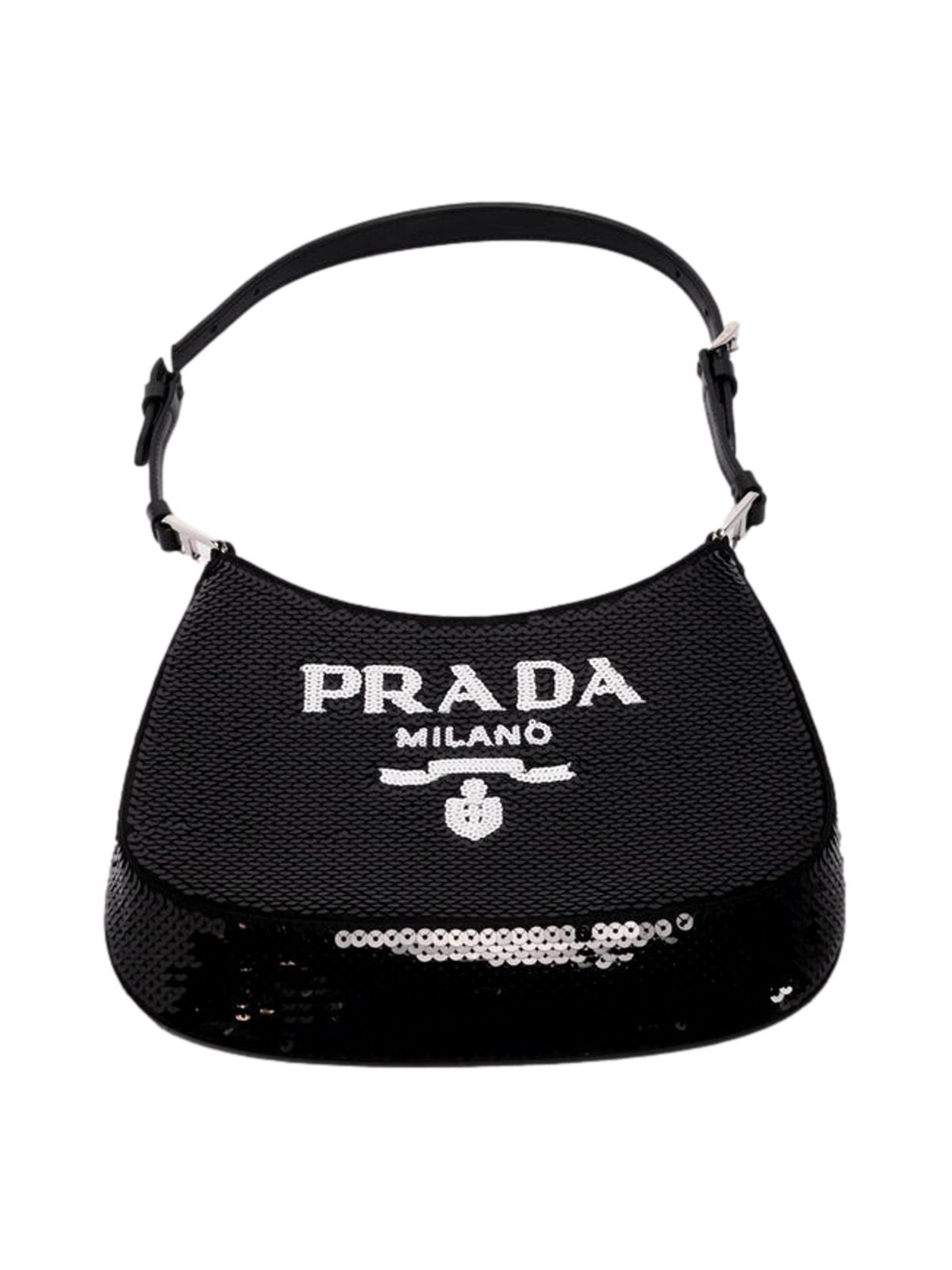 Prada Cleo Sequin Milano Logo Mini Shoulder Bag Black and White