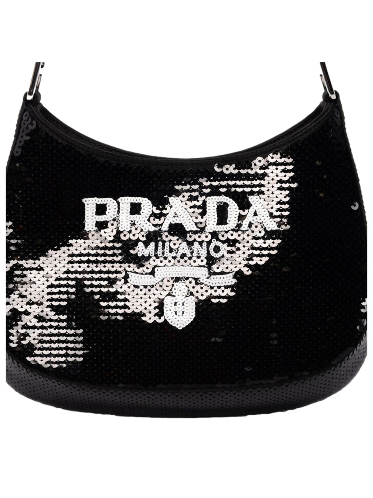 Prada Cleo Sequin Milano Logo Mini Shoulder Bag Black and White