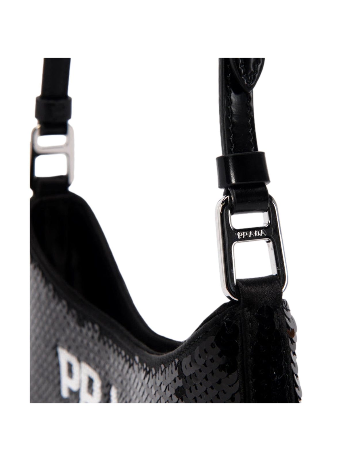 Prada Cleo Sequin Milano Logo Mini Shoulder Bag Black and White
