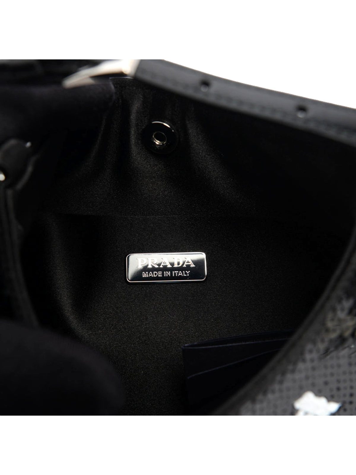 Prada Cleo Sequin Milano Logo Mini Shoulder Bag Black and White