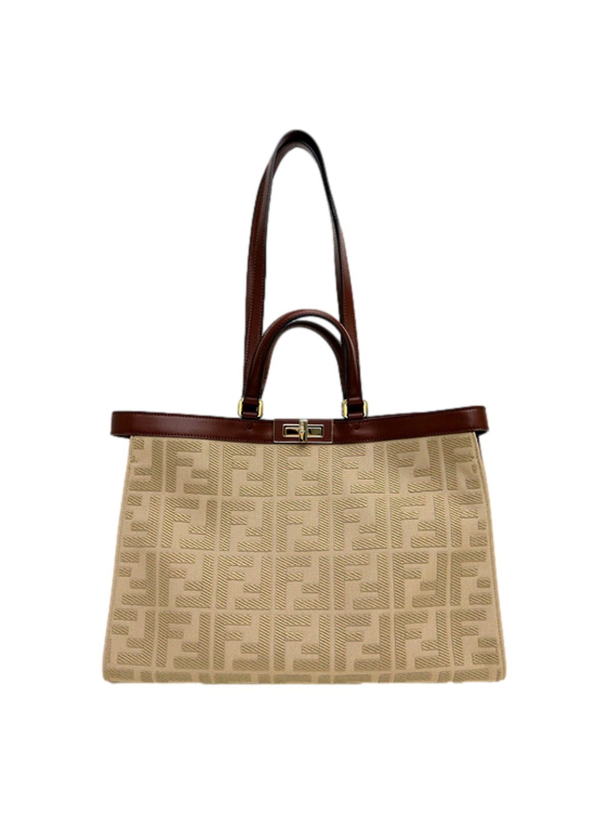 Fendi FF Peekaboo X-Lite Brown Beige Canvas and Leather Tote