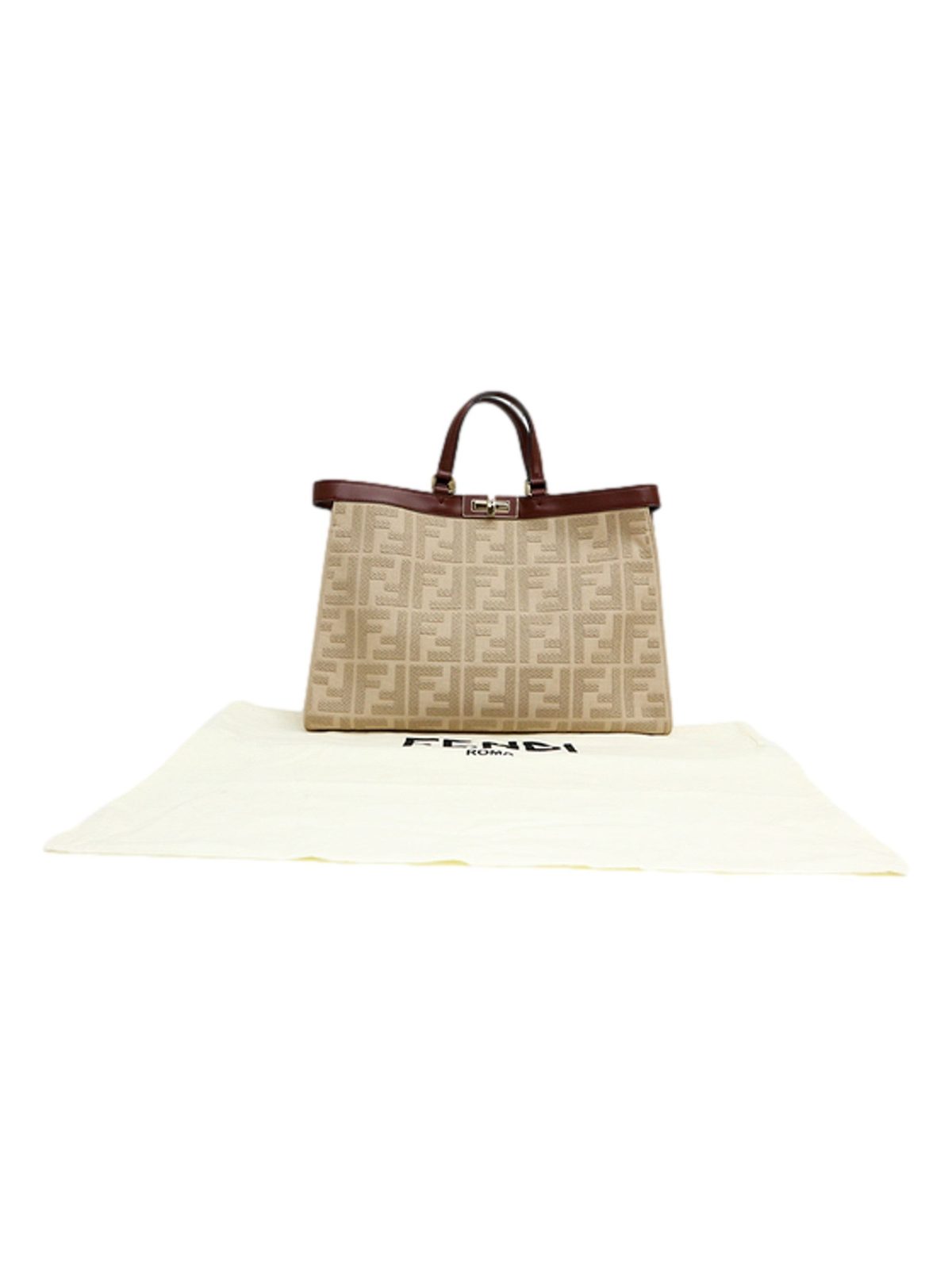 Fendi FF Peekaboo X-Lite Brown Beige Canvas and Leather Tote