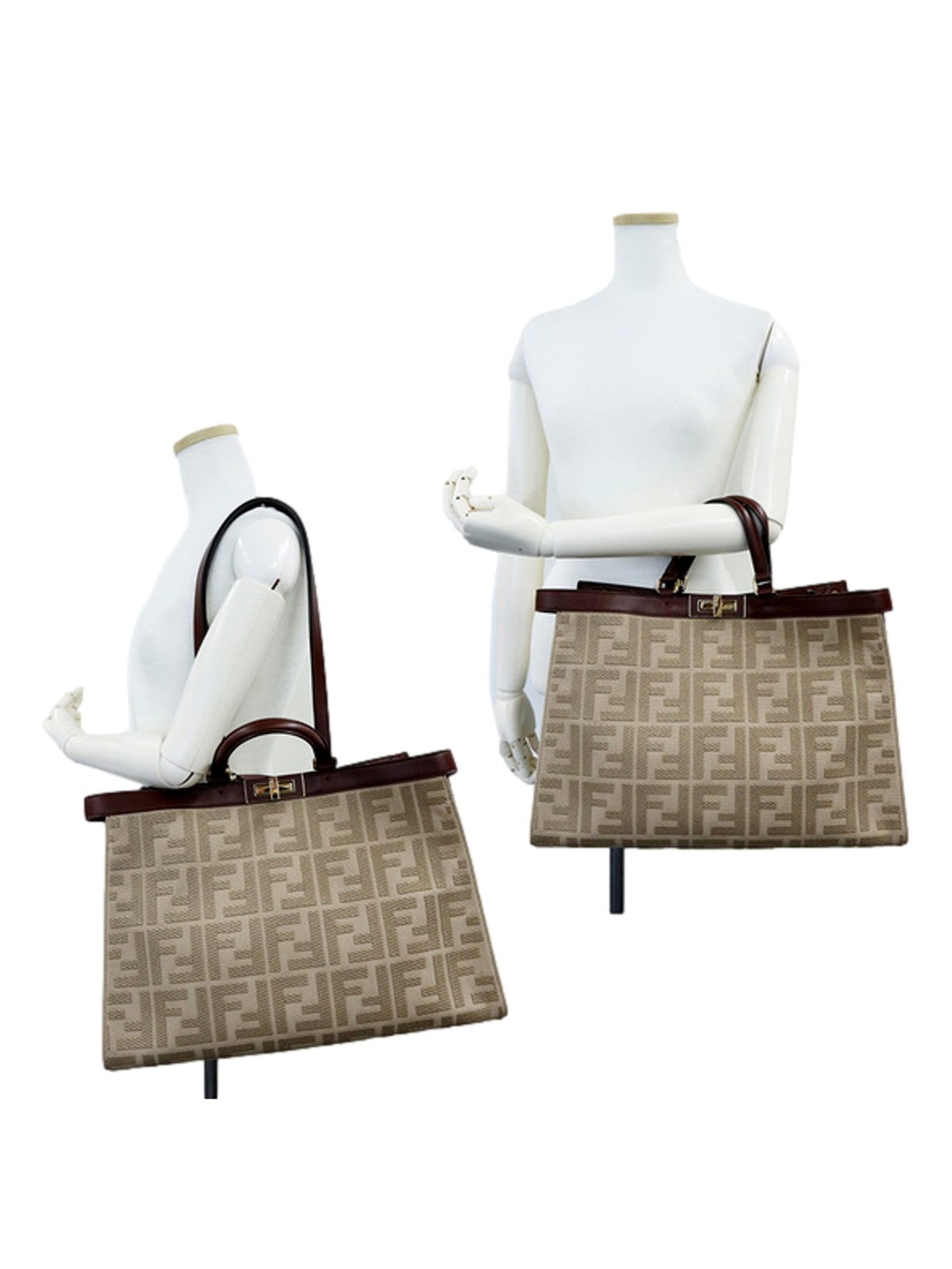 Fendi FF Peekaboo X-Lite Brown Beige Canvas and Leather Tote