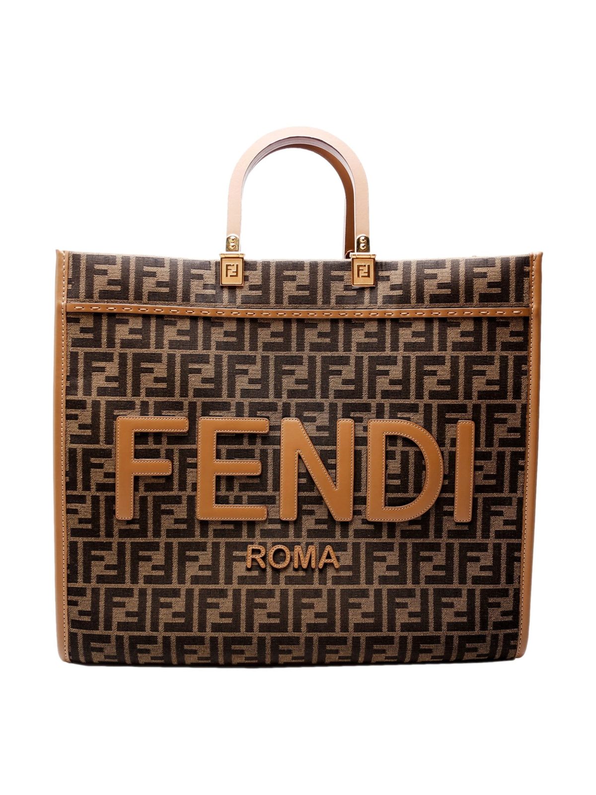 Fendi Sunshine Large Zucca Jacquard Canvas and Brown Leather Top Handle Tote Bag