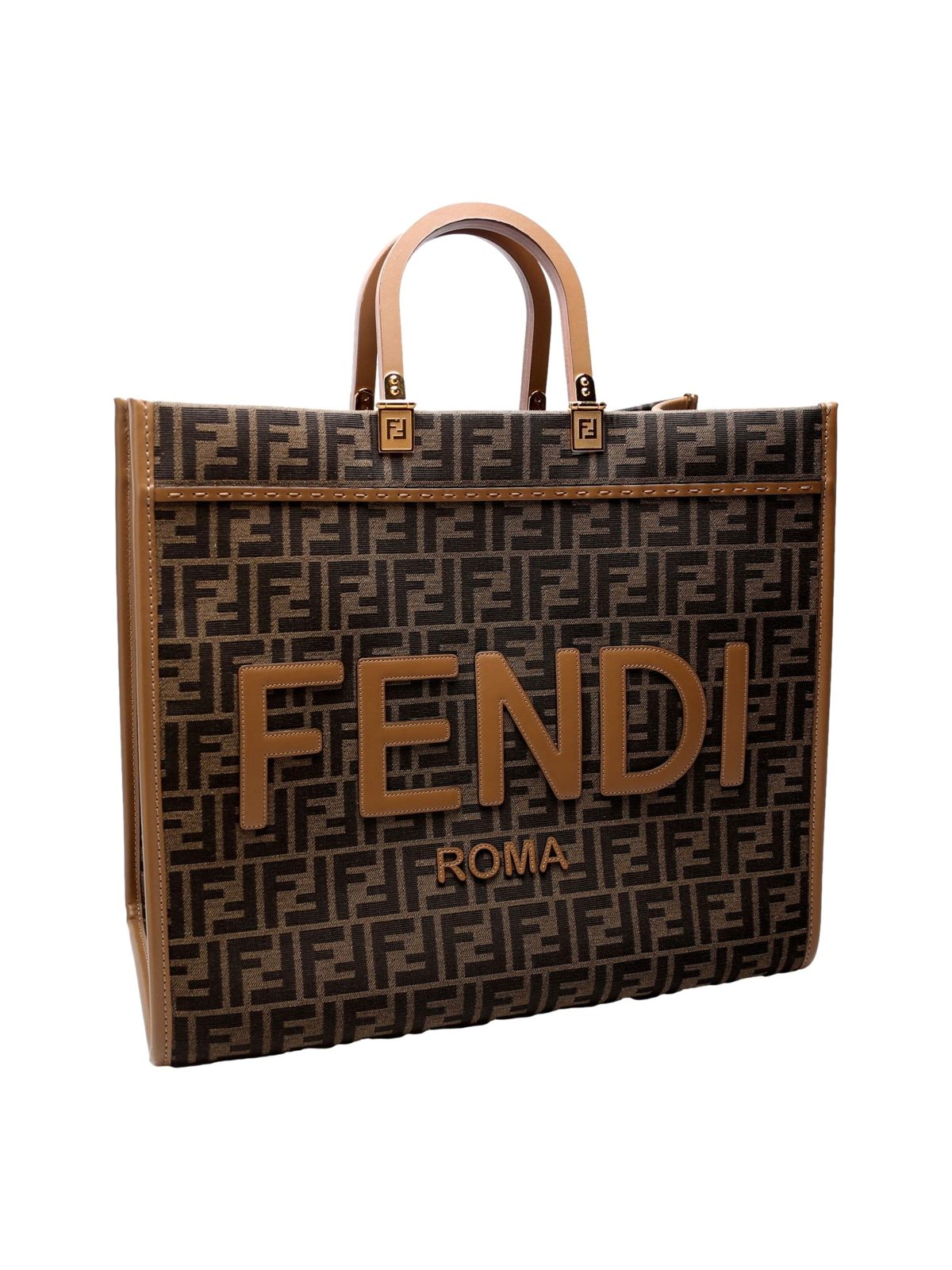 Fendi Sunshine Large Zucca Jacquard Canvas and Brown Leather Top Handle Tote Bag