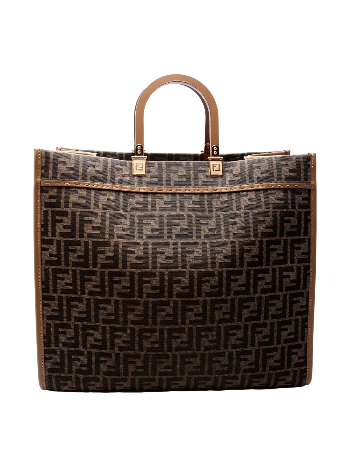 Fendi Sunshine Large Zucca Jacquard Canvas and Brown Leather Top Handle Tote Bag