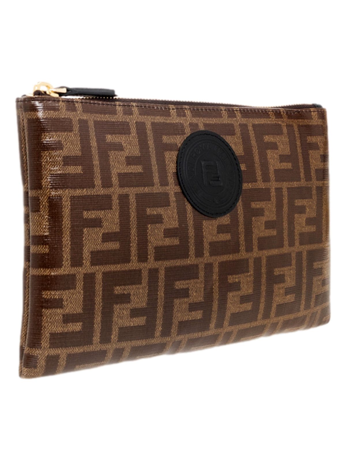 Fendi FF Zucca Brown Coated Canvas Flat Zipper Pouch Clutch