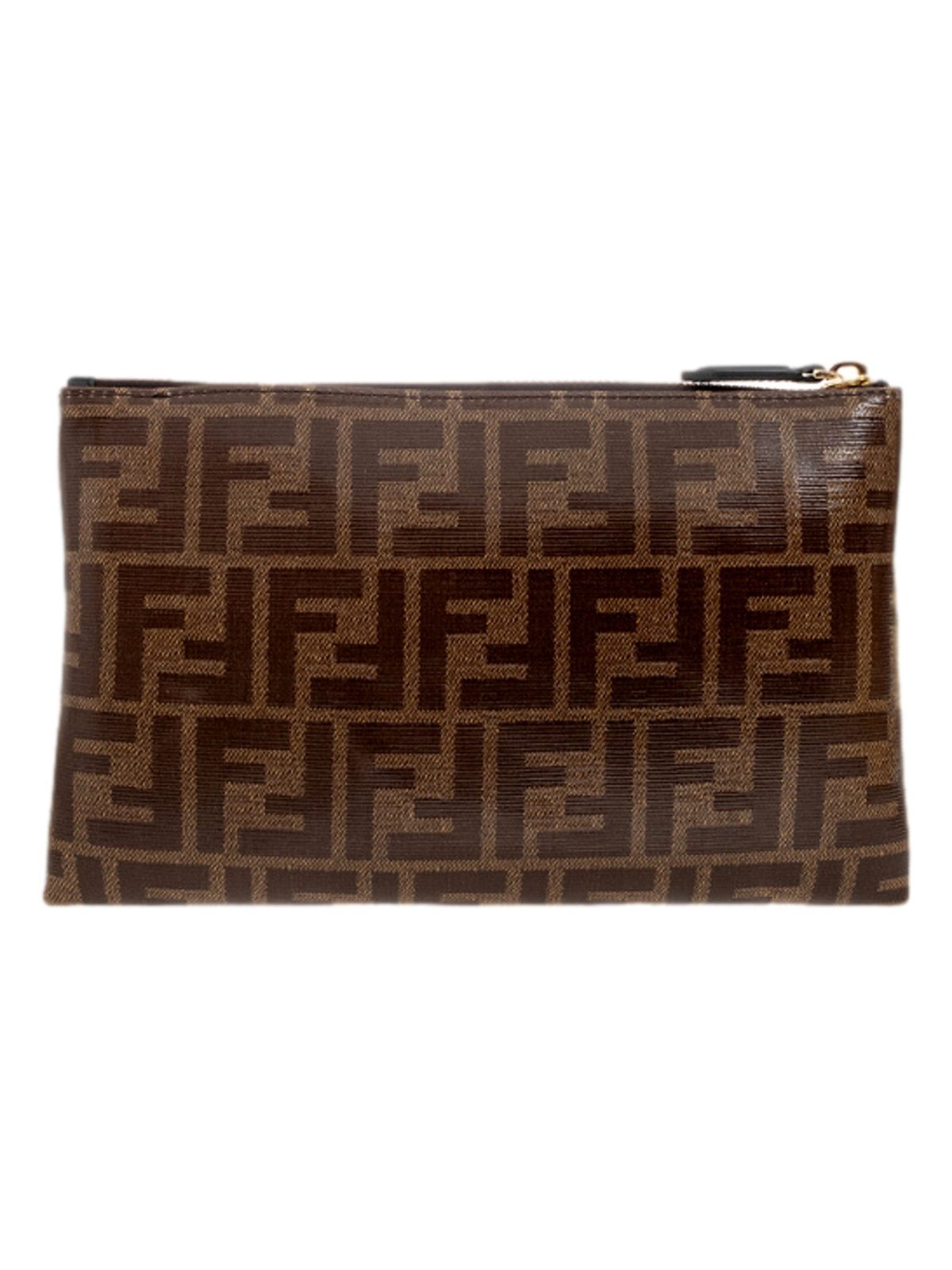 Fendi FF Zucca Brown Coated Canvas Flat Zipper Pouch Clutch