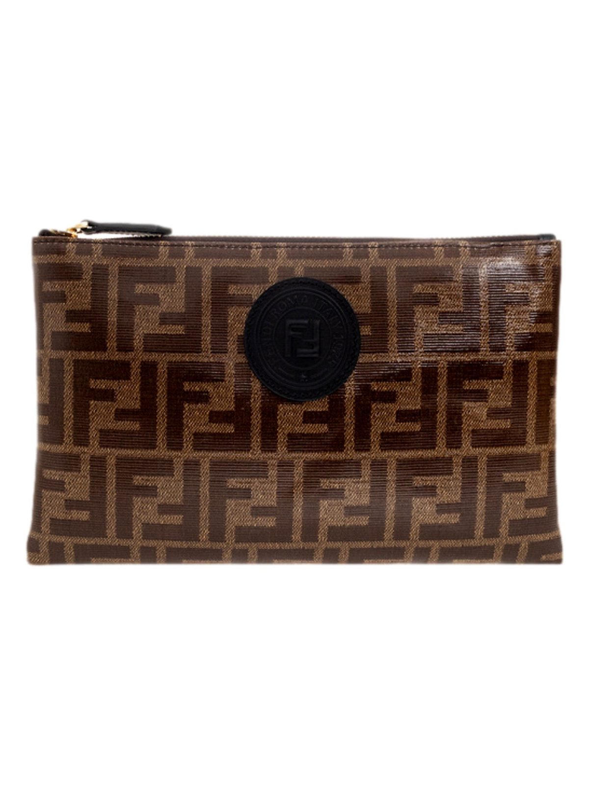 Fendi FF Zucca Brown Coated Canvas Flat Zipper Pouch Clutch