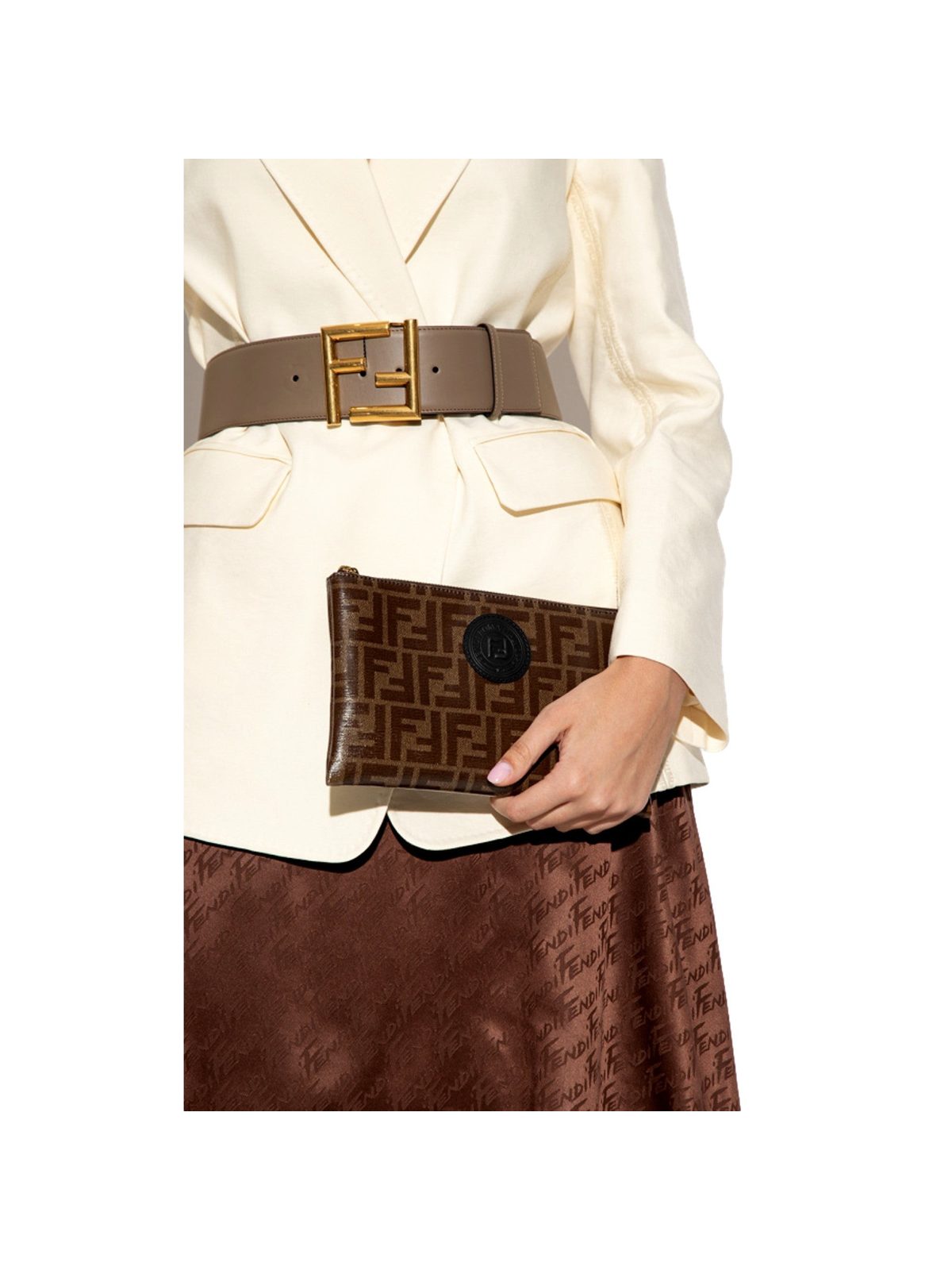 Fendi FF Zucca Brown Coated Canvas Flat Zipper Pouch Clutch
