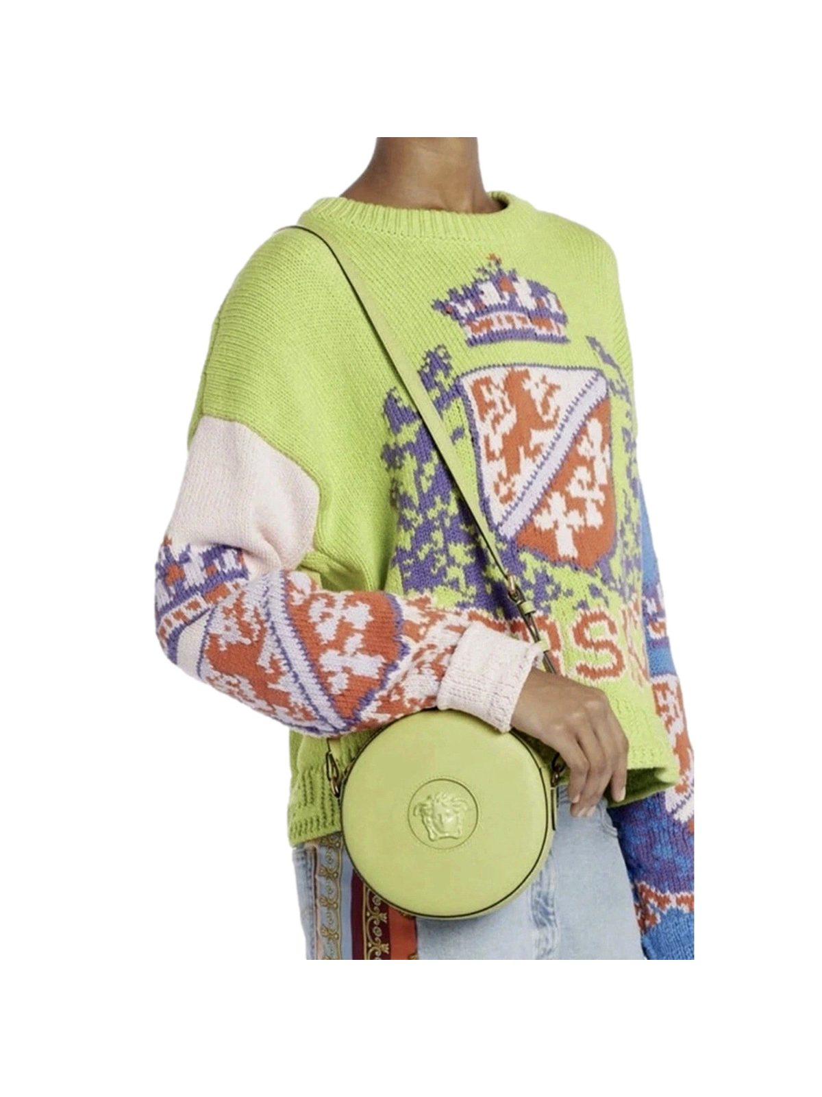 Versace La Medusa Lime Green Leather Disco Round Crossbody Bag