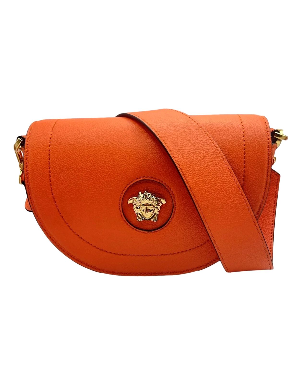 Versace Half-Moon La Medusa Vitello Leather Orange Crossbody Handbag