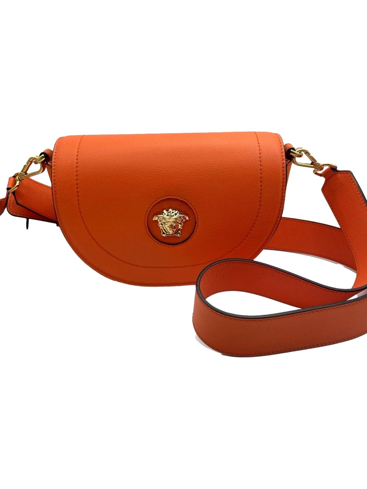 Versace Half-Moon La Medusa Vitello Leather Orange Crossbody Handbag