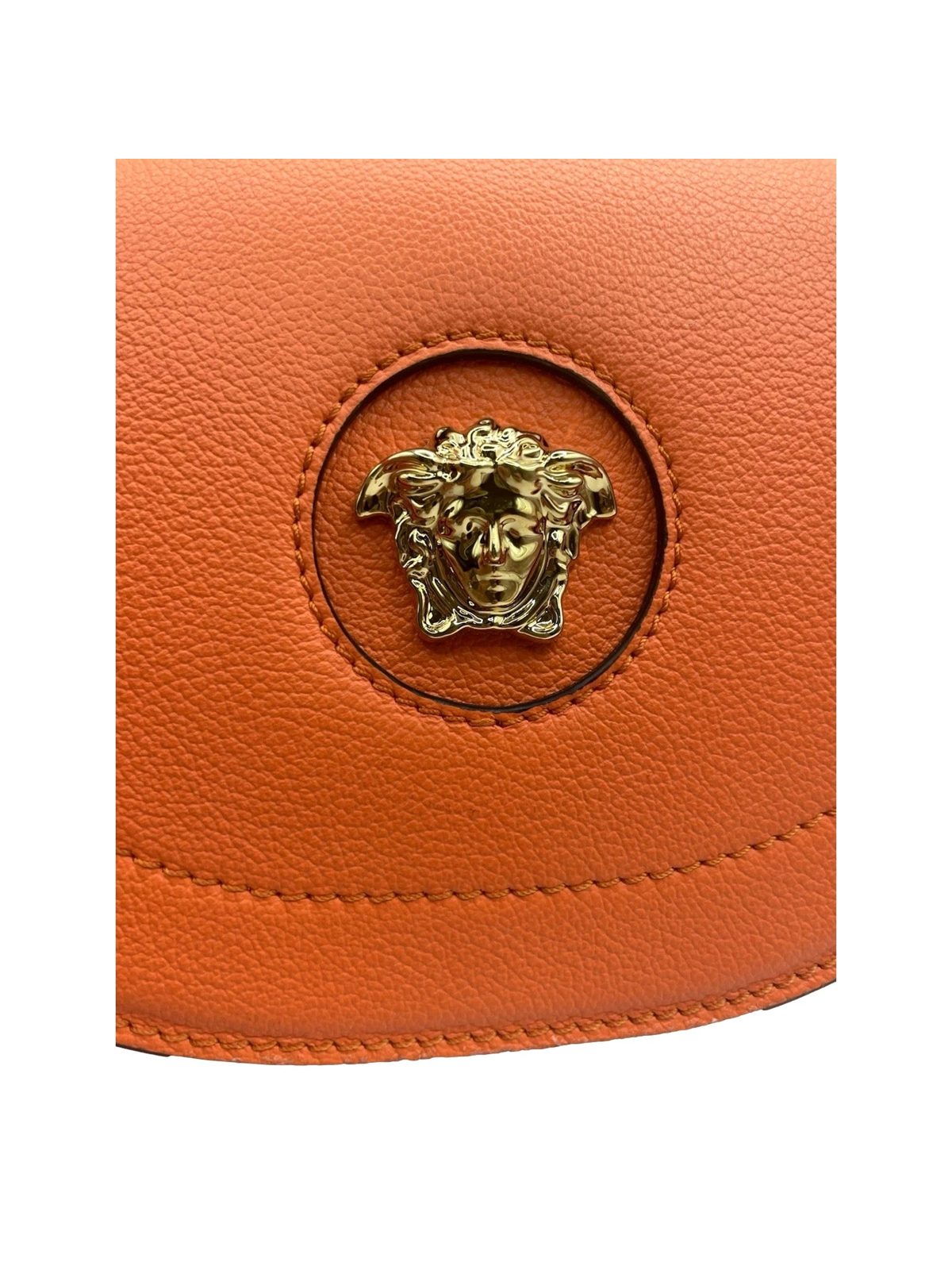 Versace Half-Moon La Medusa Vitello Leather Orange Crossbody Handbag