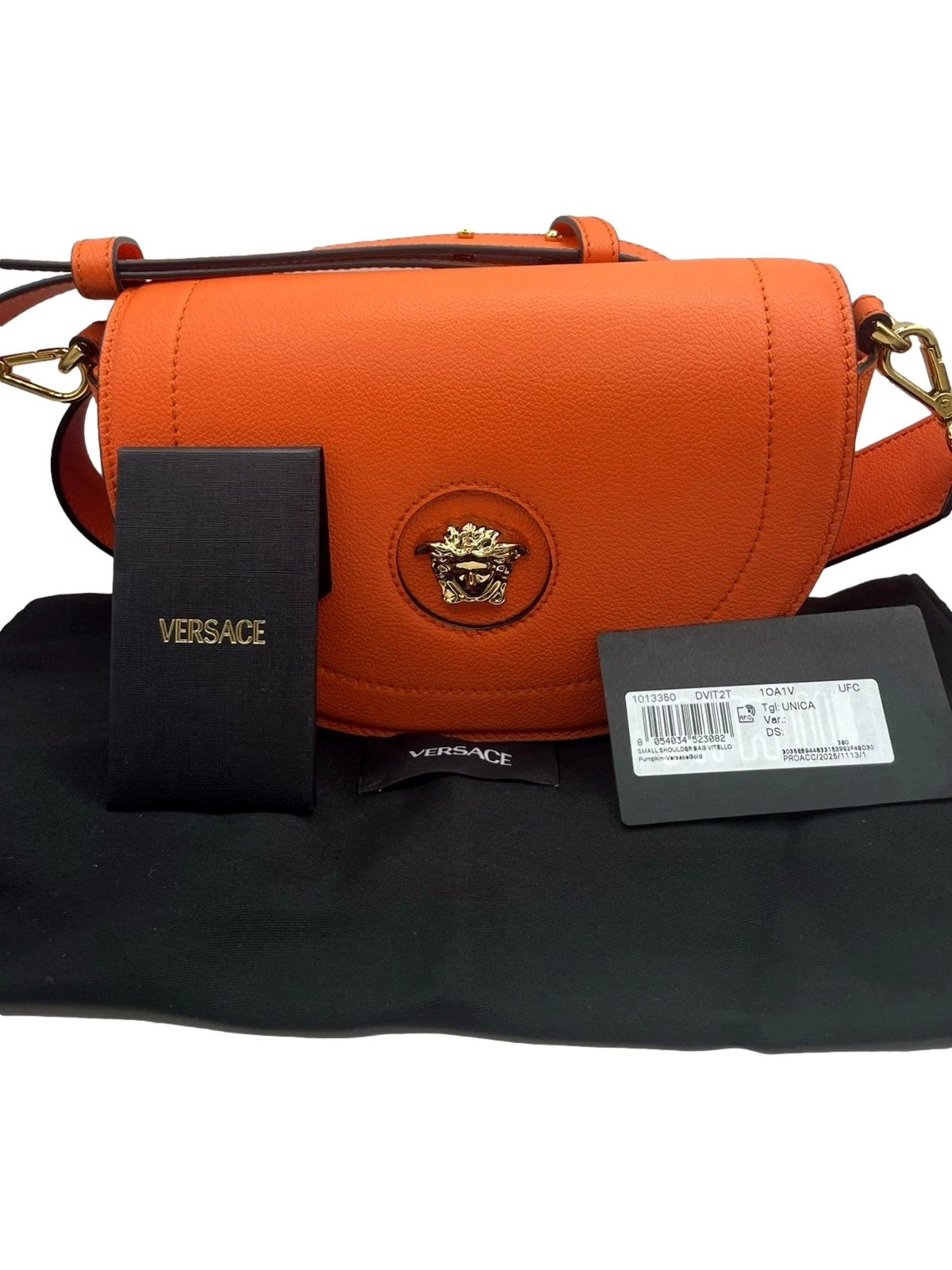 Versace Half-Moon La Medusa Vitello Leather Orange Crossbody Handbag