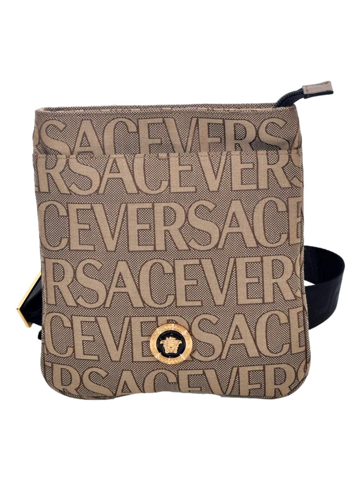 Versace La Medusa Canvas Logo Print Small Crossbody Bag Black Strap