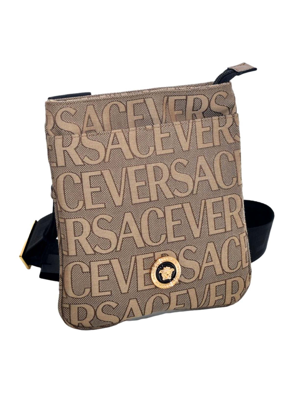 Versace La Medusa Canvas Logo Print Small Crossbody Bag Black Strap