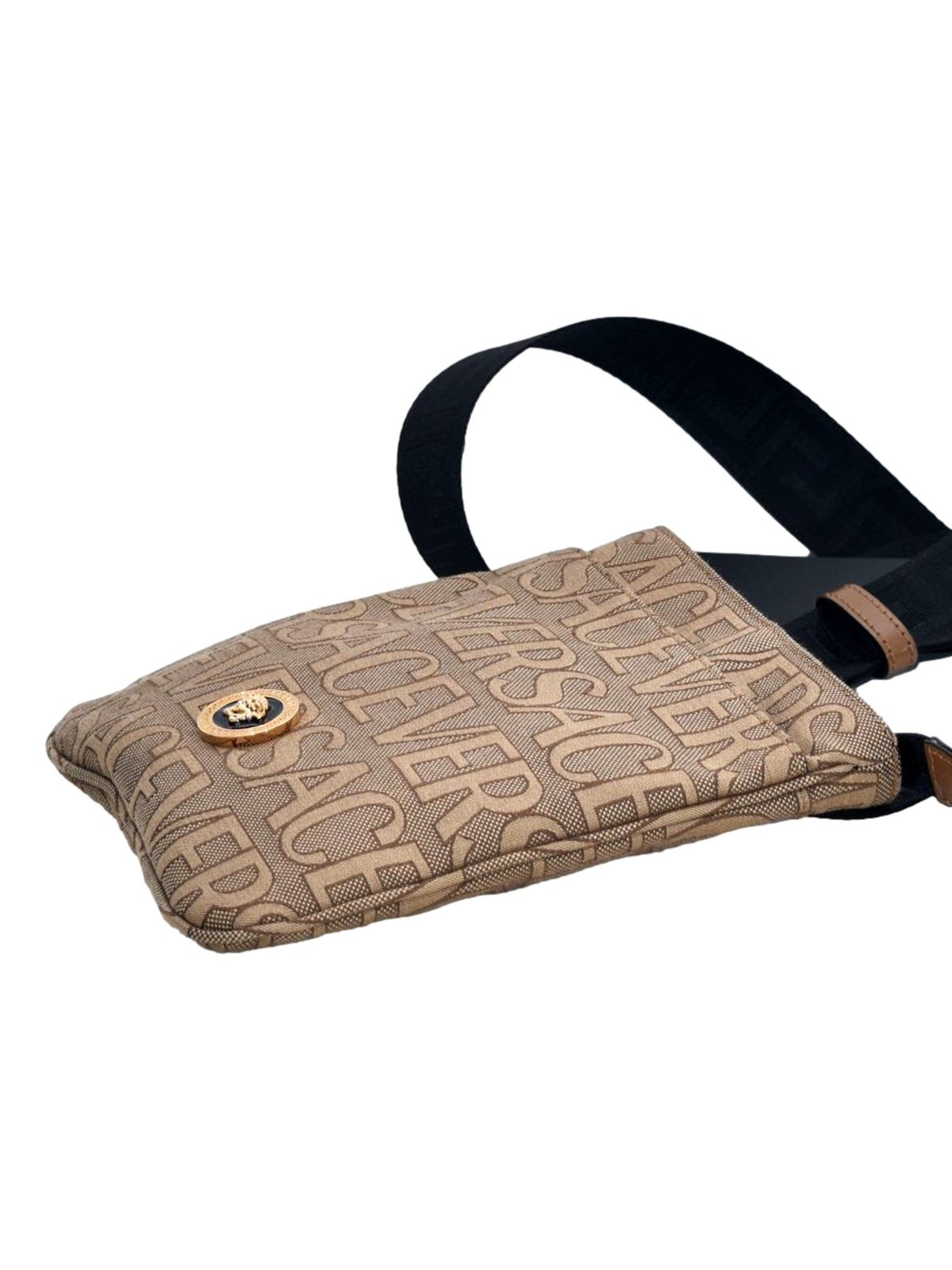 Versace La Medusa Canvas Logo Print Small Crossbody Bag Black Strap