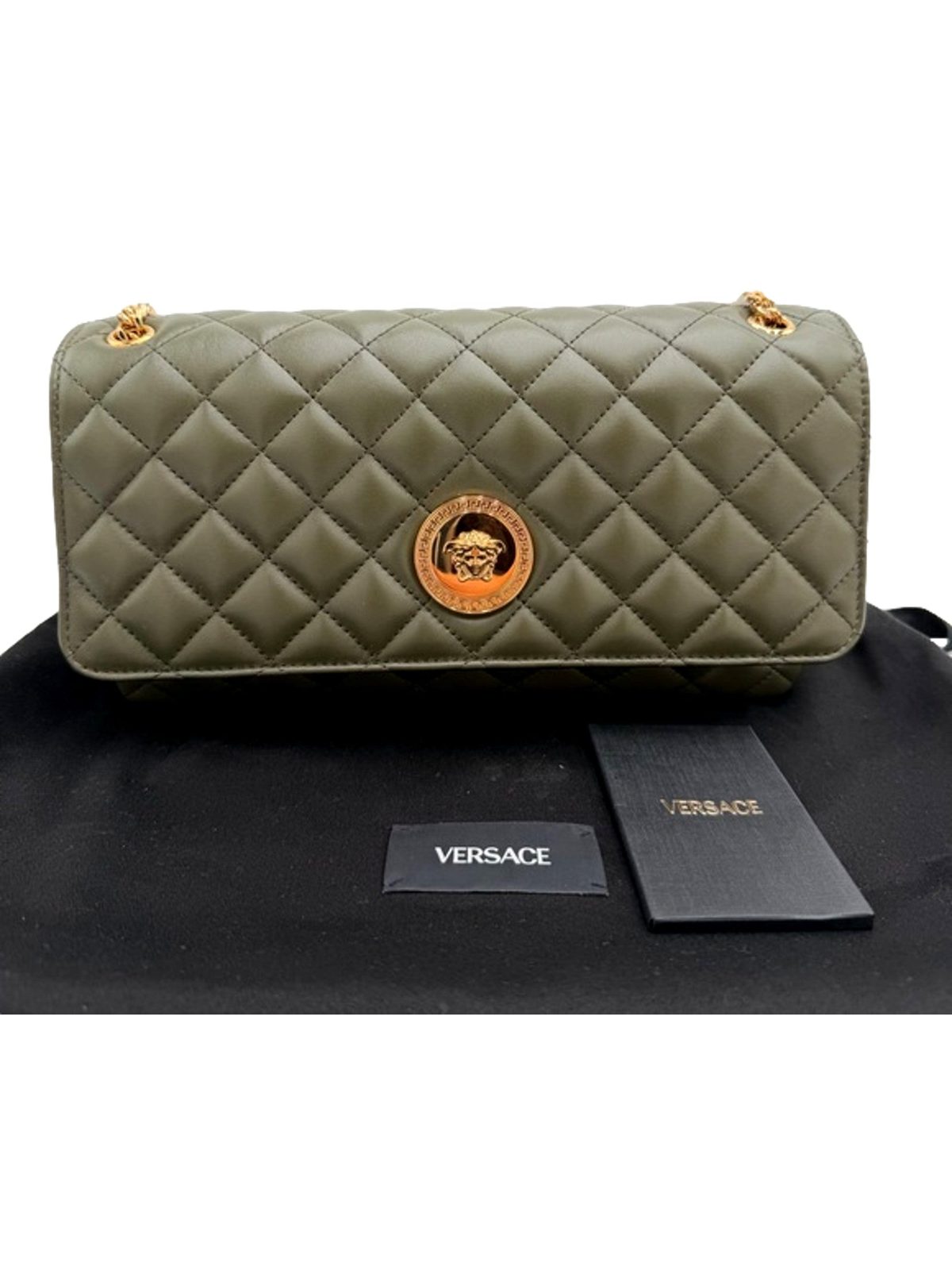 Versace La Medusa Olive Green Quilted Lambskin Chain Crossbody Bag