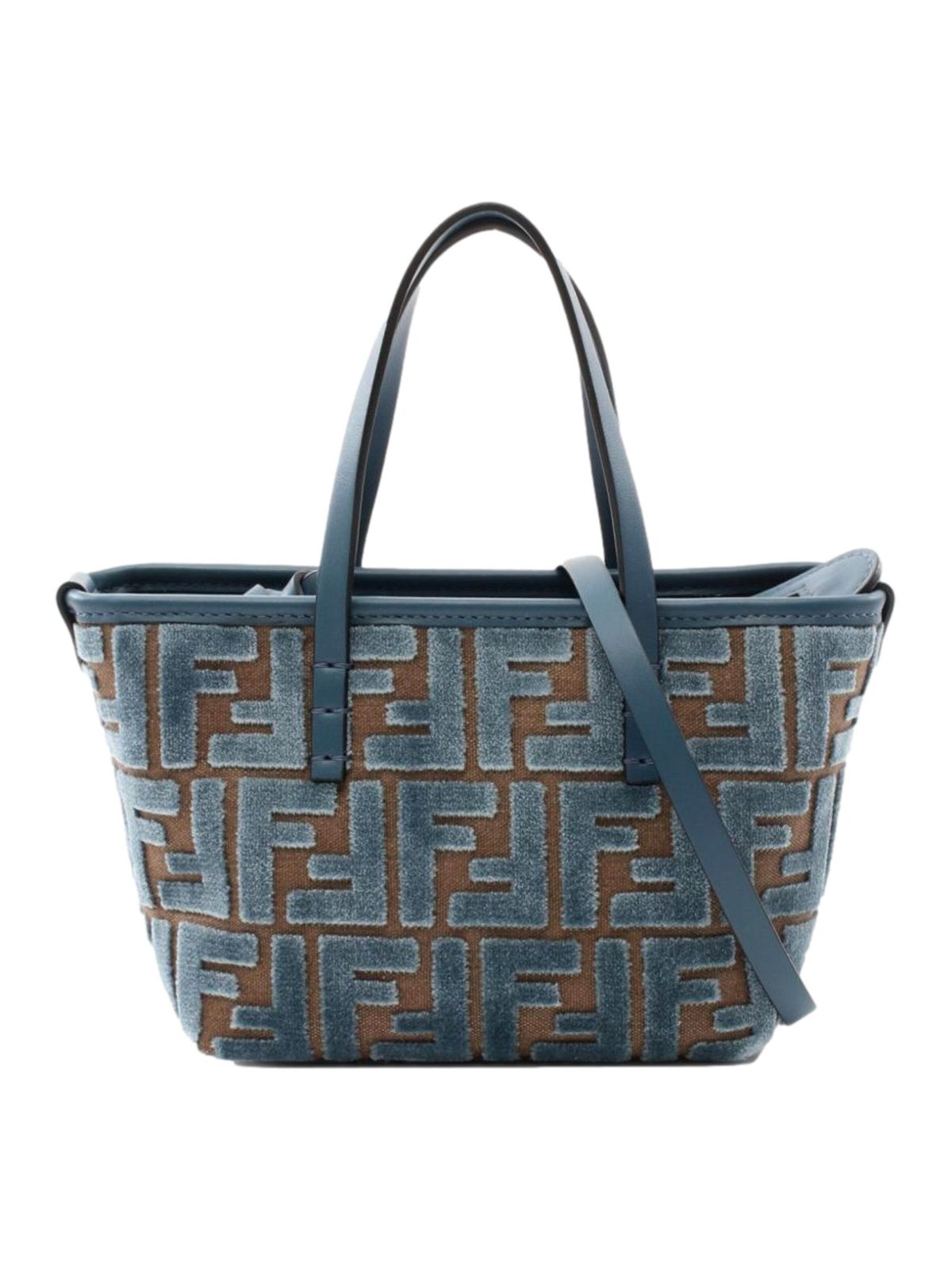 Fendi Mini Roll FF Shopping Tote Blue Brown Chenille Small Handbag