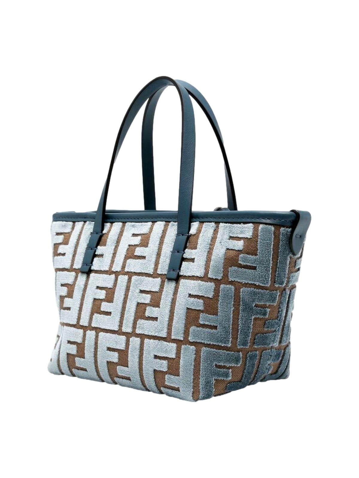 Fendi Mini Roll FF Shopping Tote Blue Brown Chenille Small Handbag