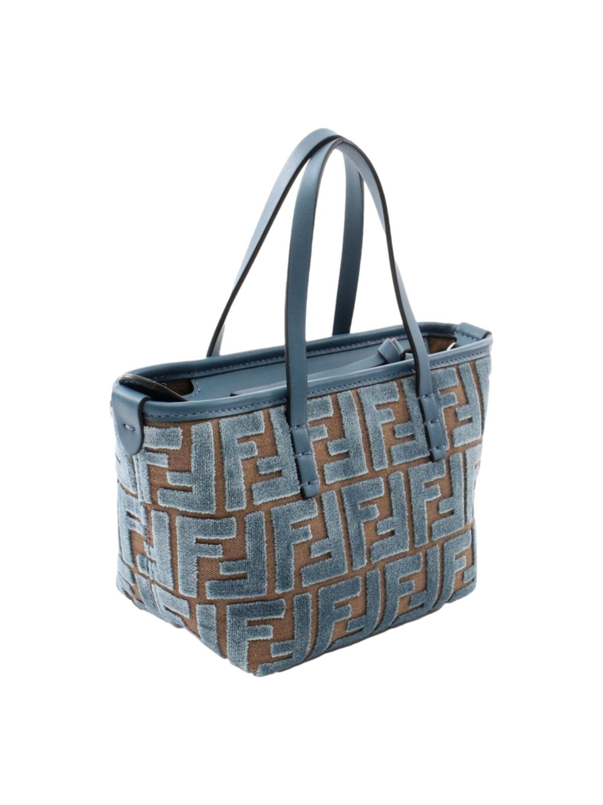 Fendi Mini Roll FF Shopping Tote Blue Brown Chenille Small Handbag
