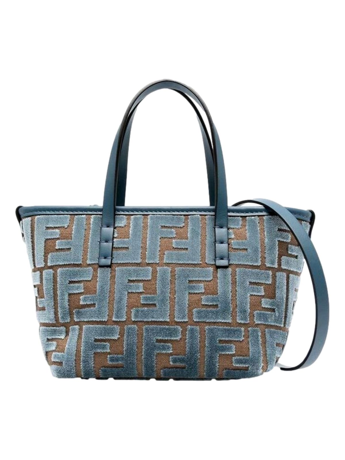 Fendi Mini Roll FF Shopping Tote Blue Brown Chenille Small Handbag