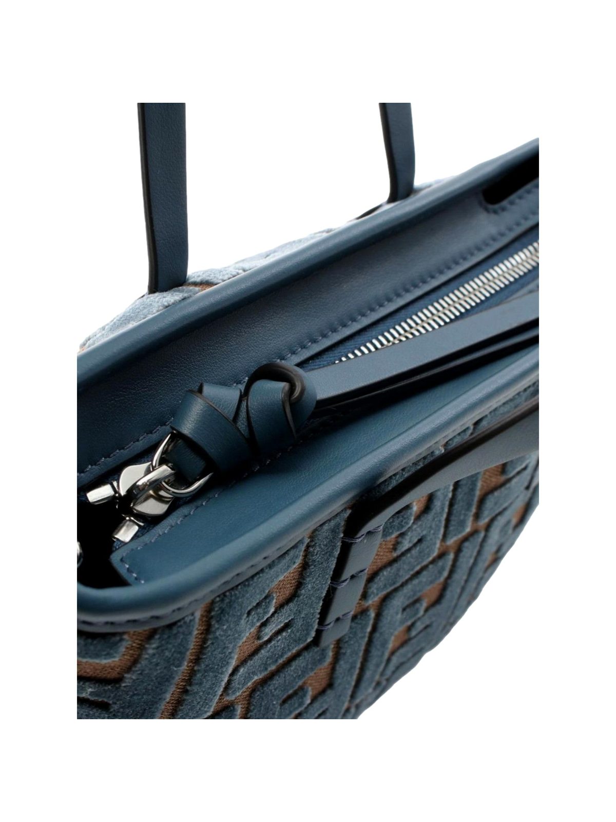 Fendi Mini Roll FF Shopping Tote Blue Brown Chenille Small Handbag