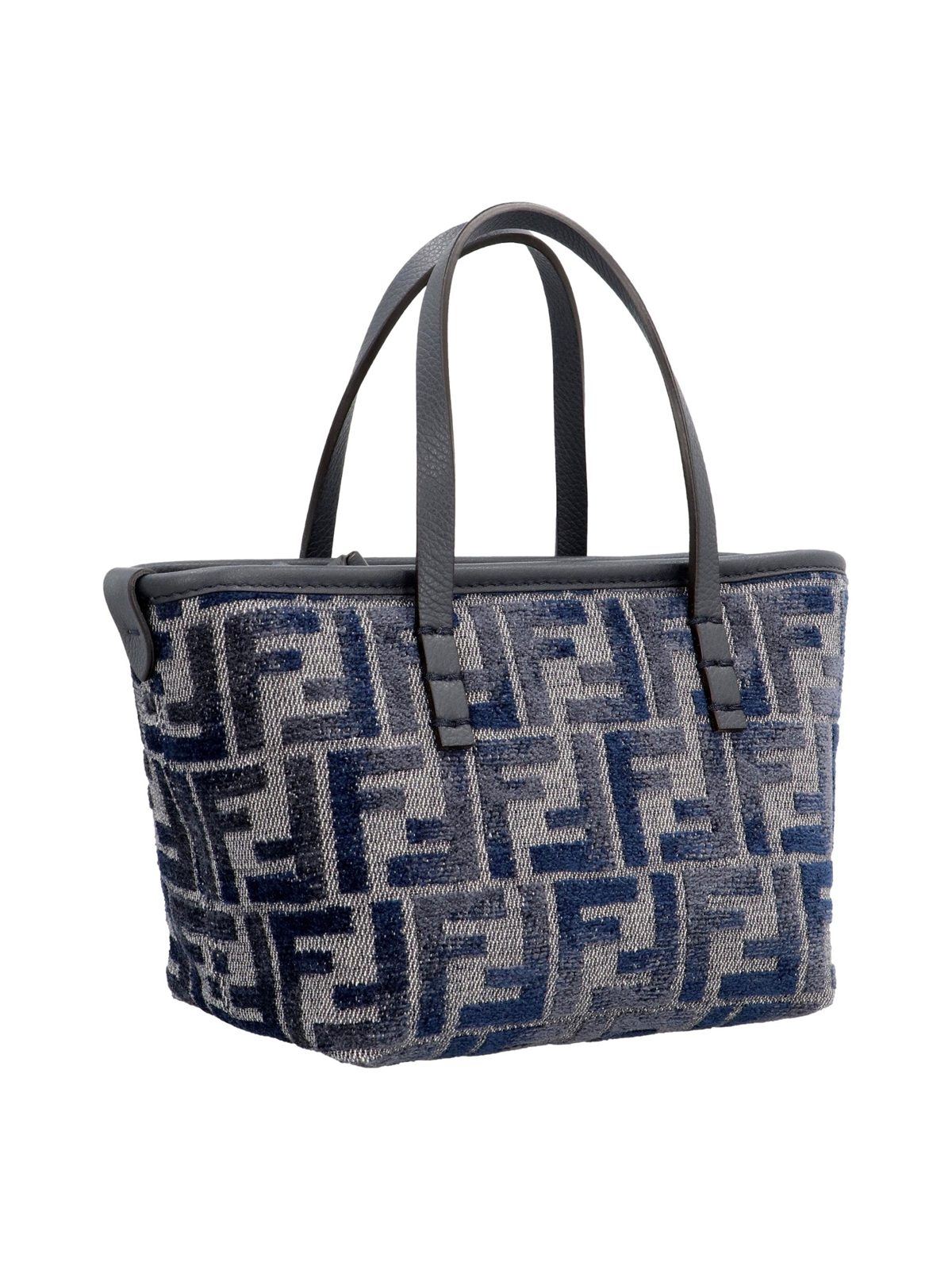 Fendi Mini Roll FF Shopping Tote Blue Gray Chenille Small Handbag