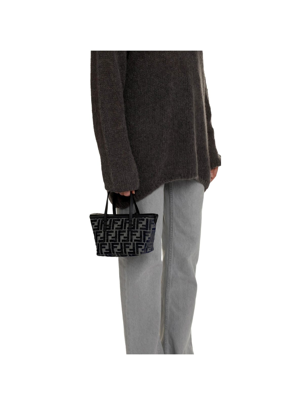 Fendi Mini Roll FF Shopping Tote Blue Gray Chenille Small Handbag