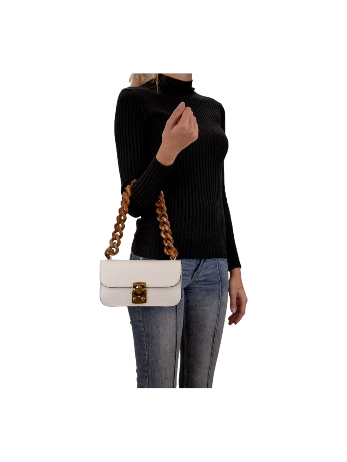 Miu Miu Madras White Leather Tortoise Chain Handbag