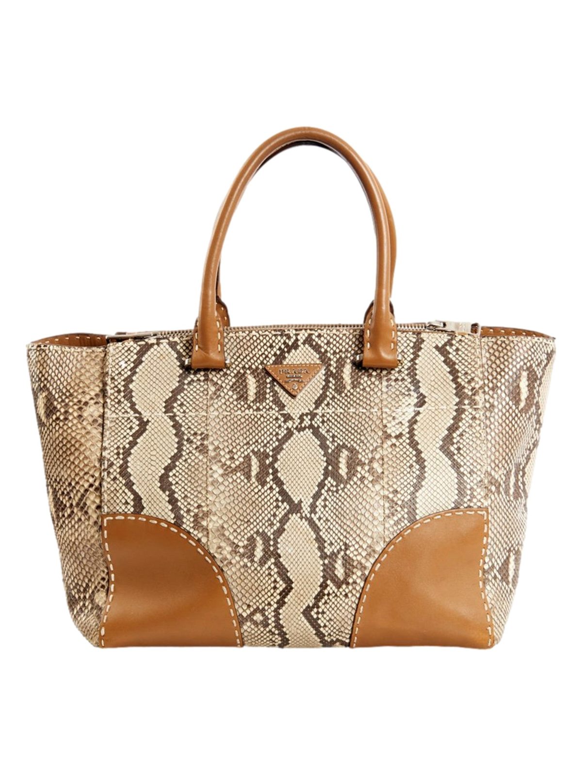 Prada Galleria Natural Python Leather Brown Double Zip Tote Handbag
