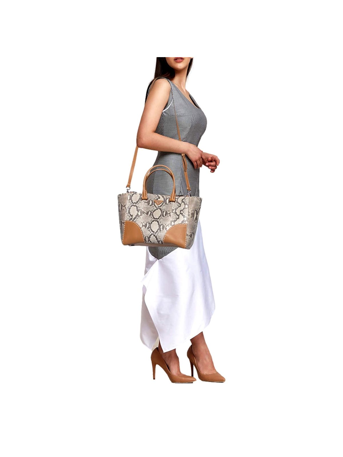 Prada Galleria Natural Python Leather Brown Double Zip Tote Handbag