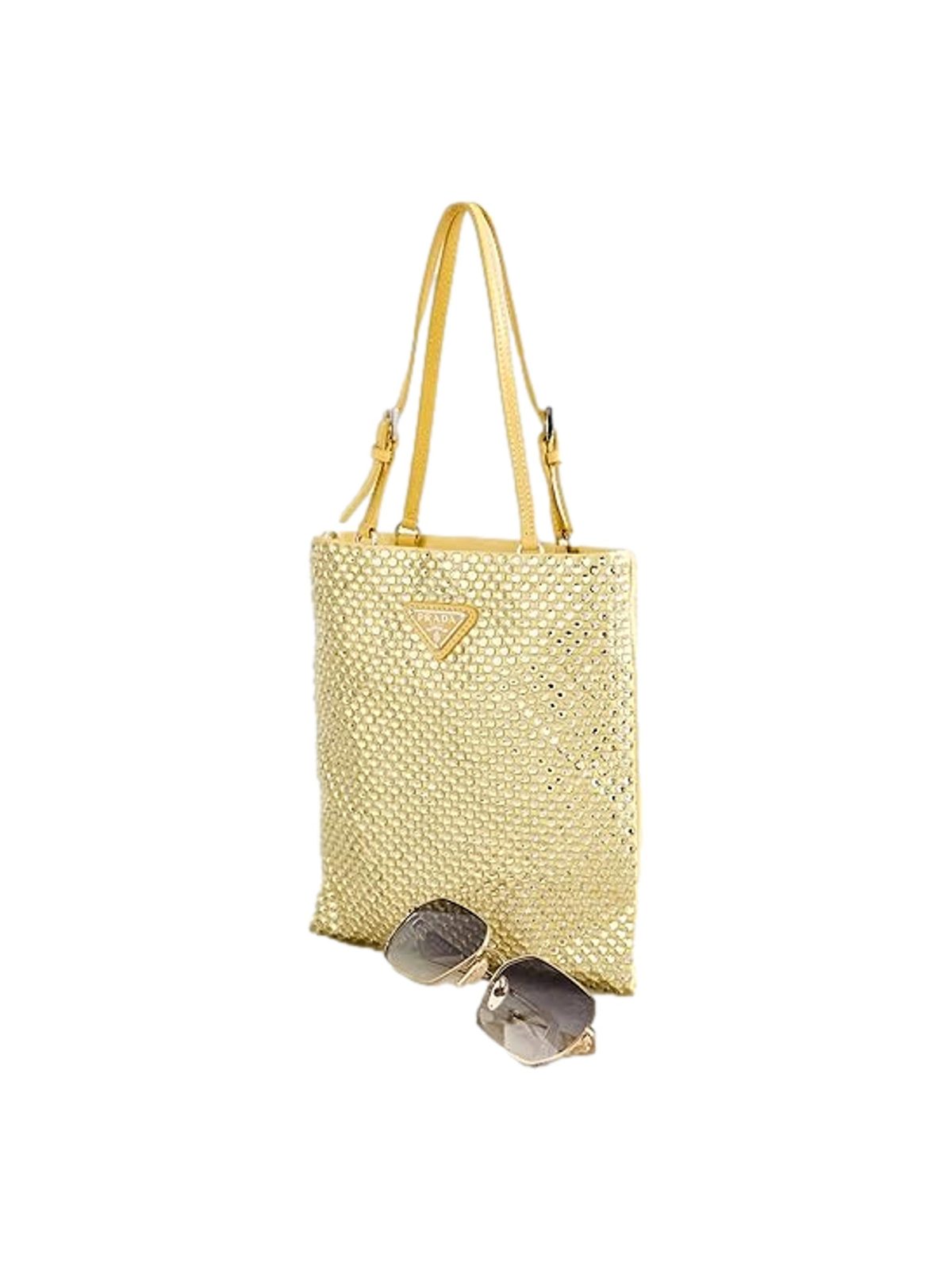 Prada Mini Satin Crystal Embellished Double Handle Crossbody Handbag Yellow