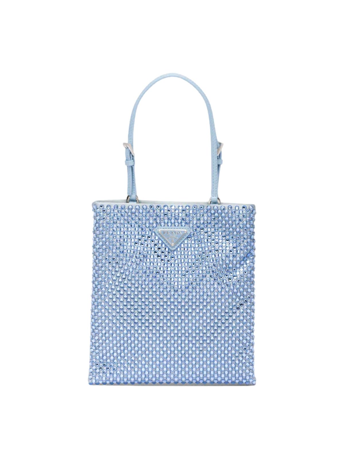 Prada Mini Satin Crystal Embellished Double Handle Crossbody Handbag Light Blue