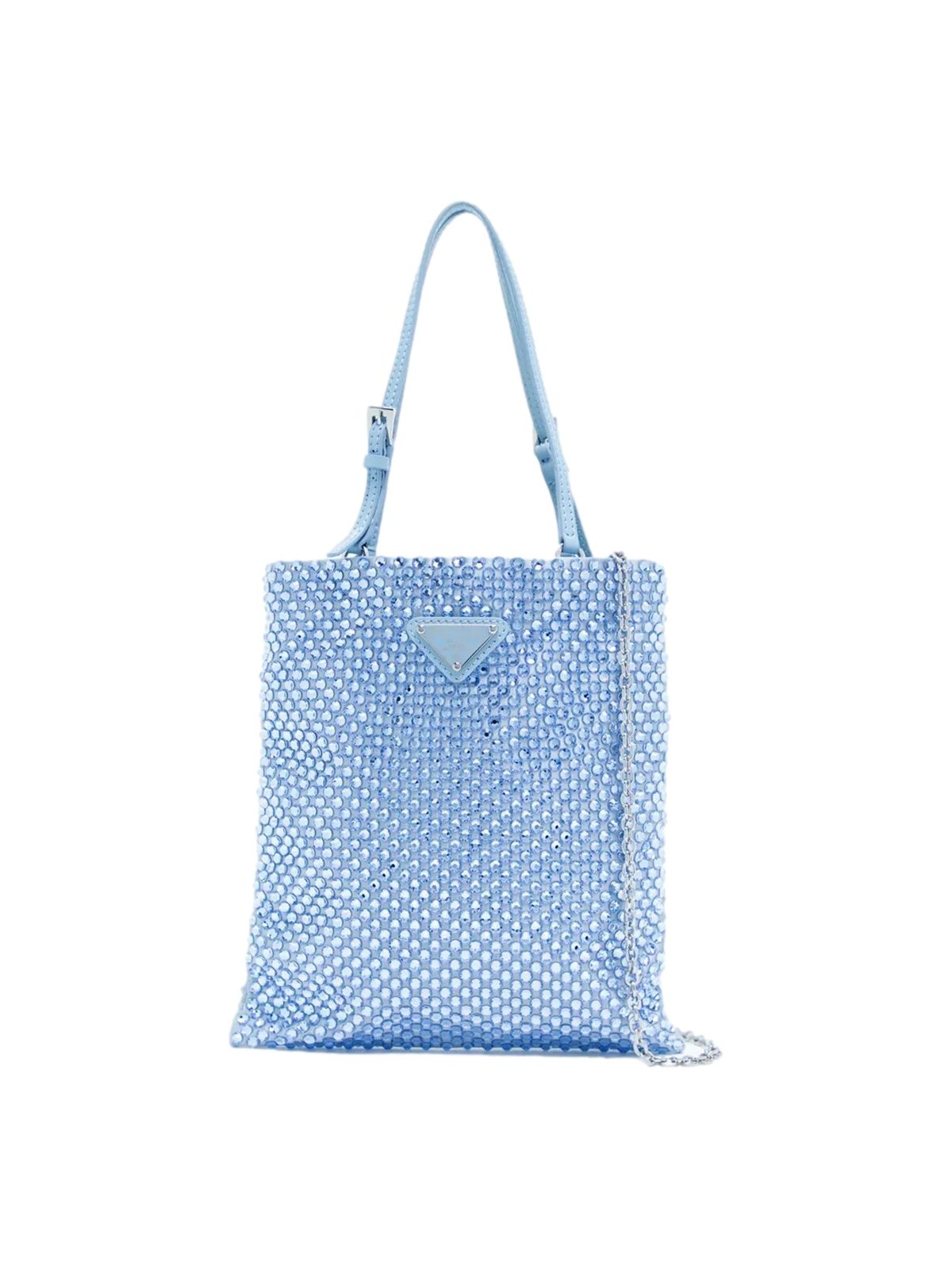 Prada Mini Satin Crystal Embellished Double Handle Crossbody Handbag Light Blue