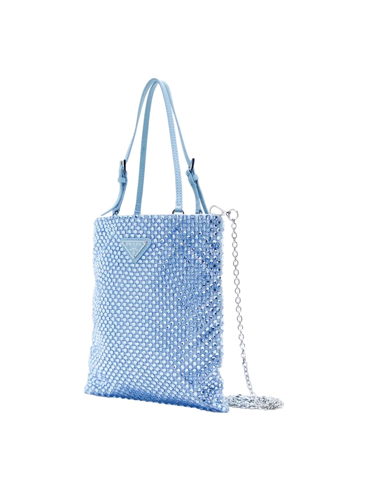 Prada Mini Satin Crystal Embellished Double Handle Crossbody Handbag Light Blue