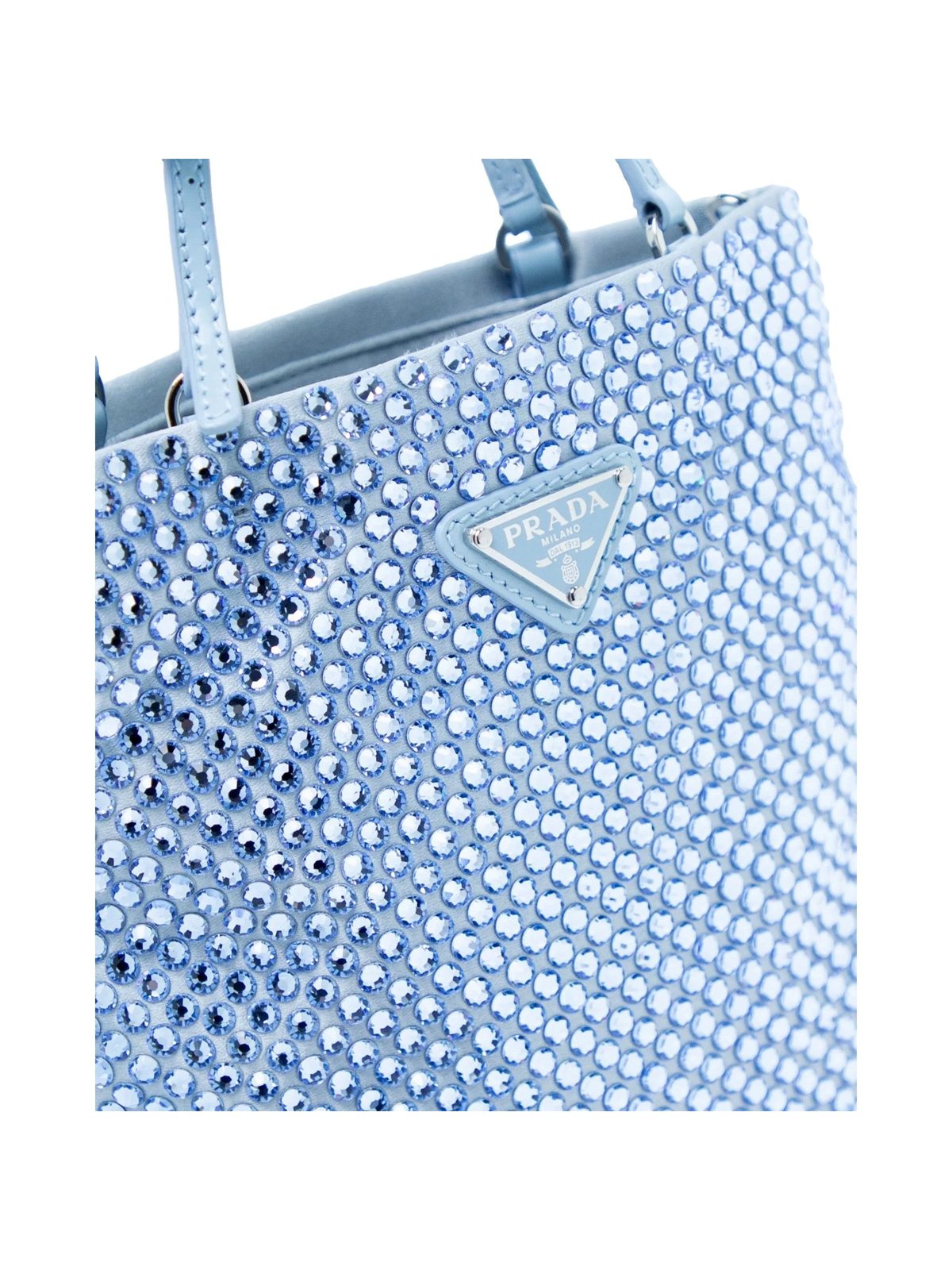 Prada Mini Satin Crystal Embellished Double Handle Crossbody Handbag Light Blue