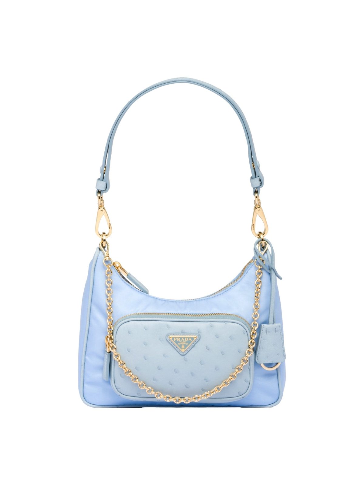 Prada 2Way Tessuto Nylon and Ostrich Leather Shoulder Handbag in Cielo Blue