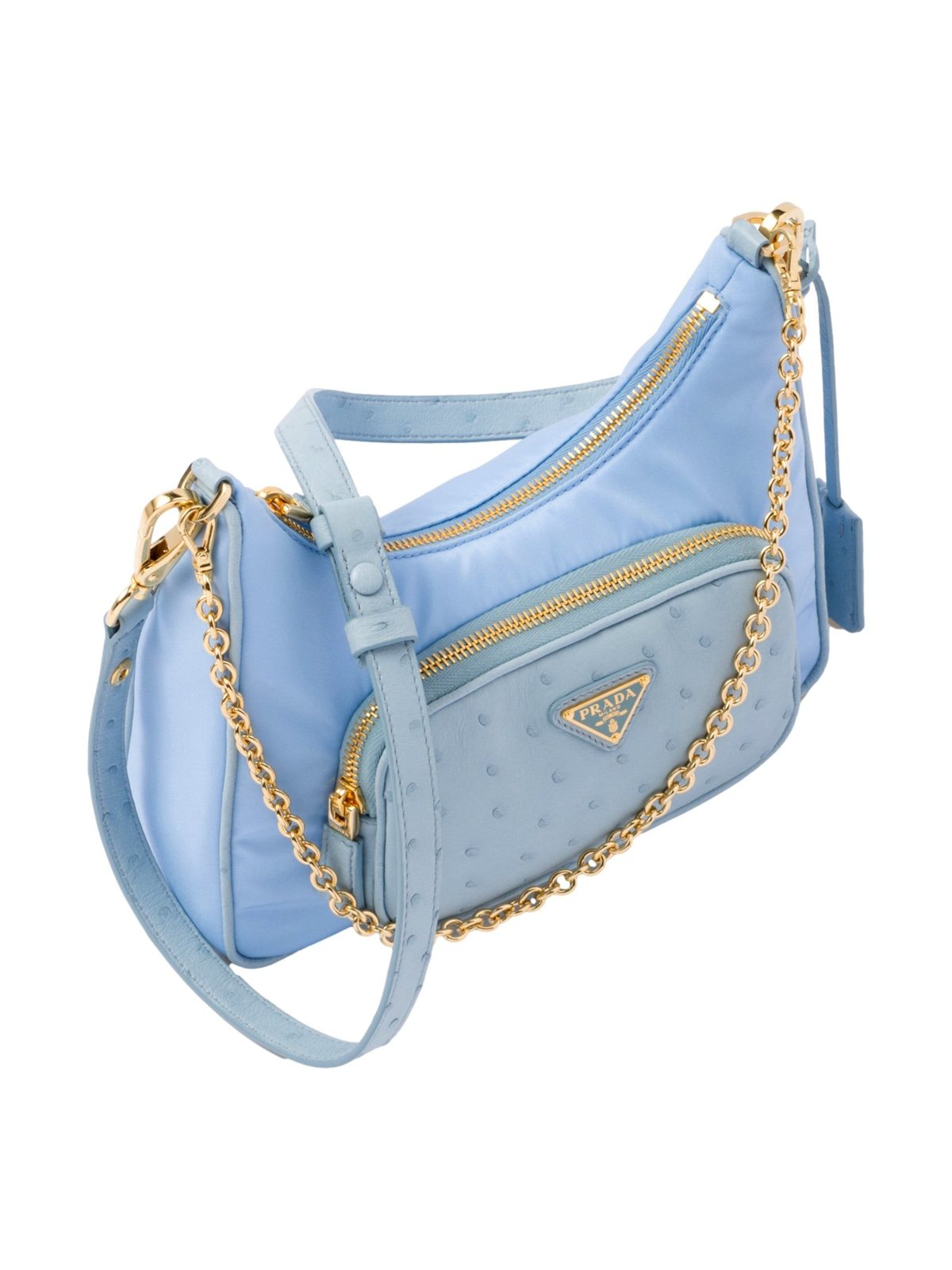 Prada 2Way Tessuto Nylon and Ostrich Leather Shoulder Handbag in Cielo Blue
