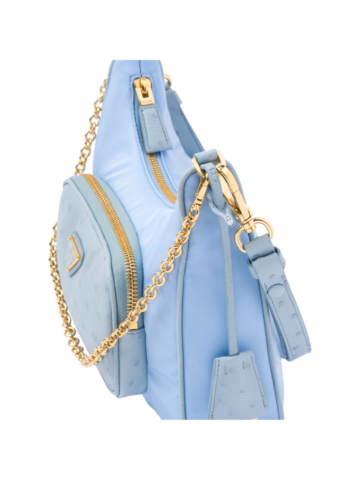 Prada 2Way Tessuto Nylon and Ostrich Leather Shoulder Handbag in Cielo Blue