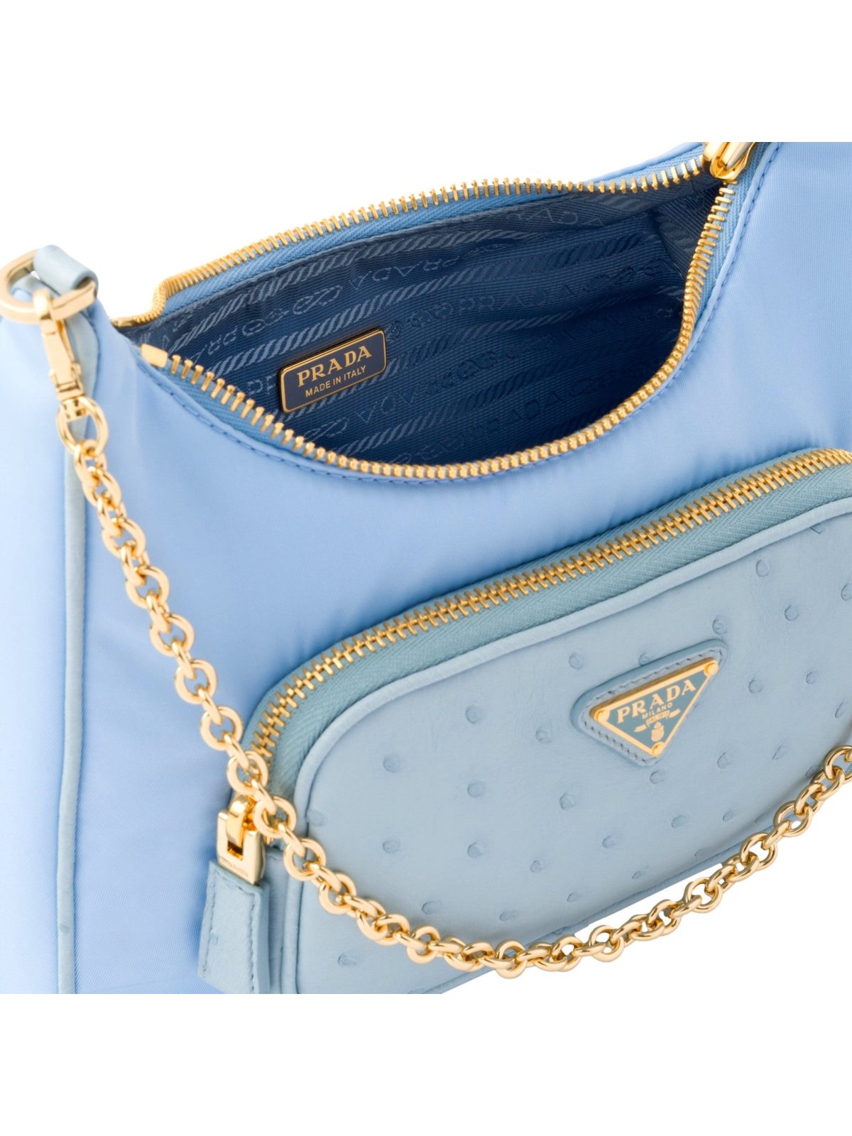 Prada 2Way Tessuto Nylon and Ostrich Leather Shoulder Handbag in Cielo Blue