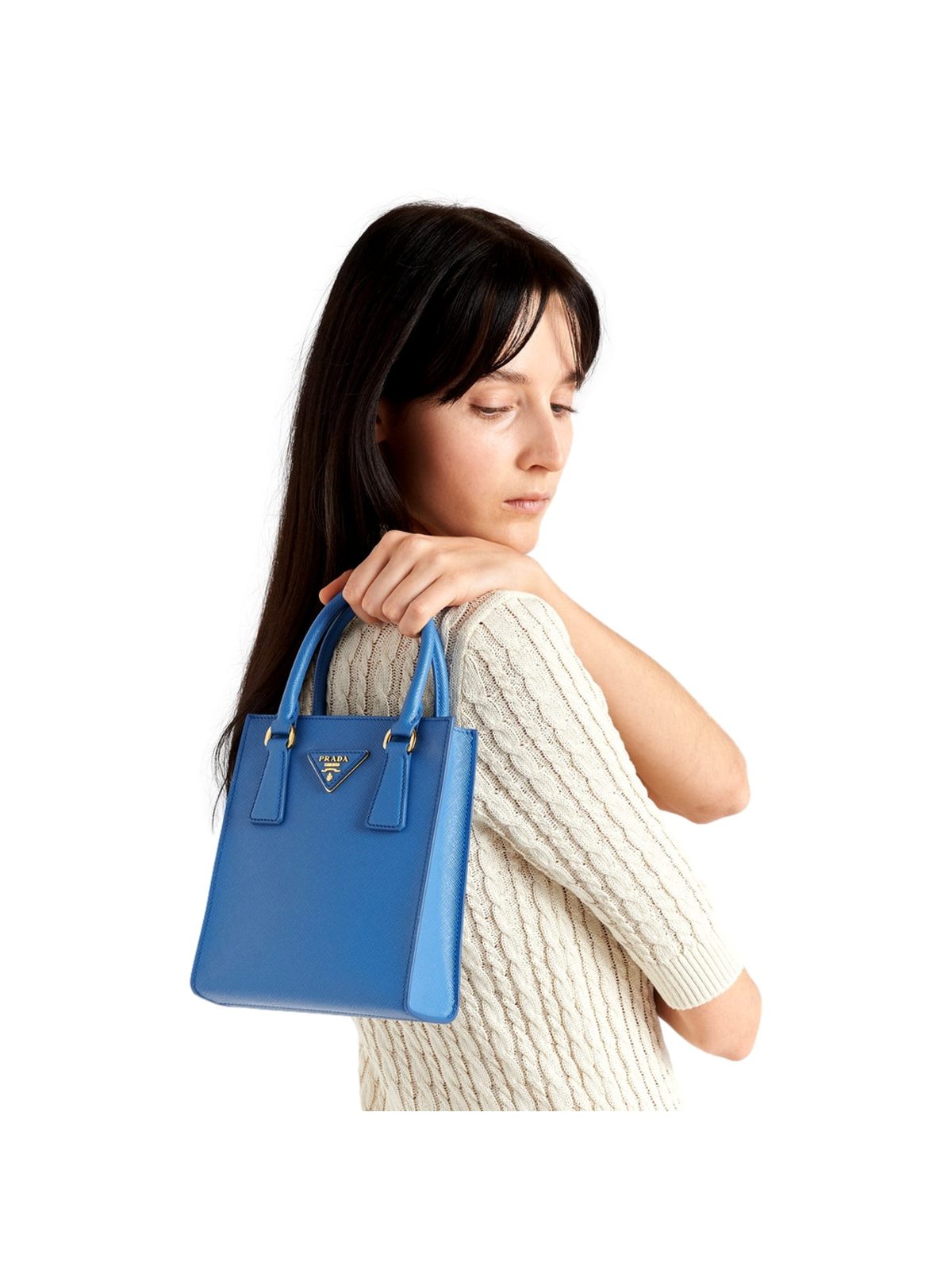 Prada Saffiano Leather Top Handle Mini Shopper Crossbody Bag in Blue