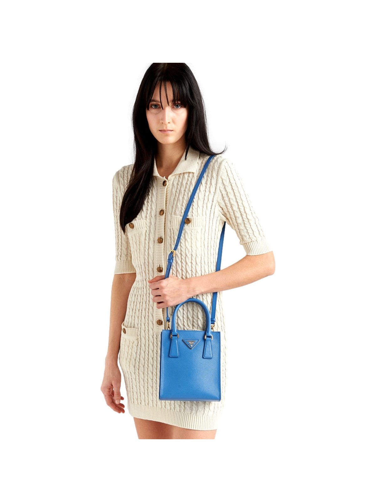Prada Saffiano Leather Top Handle Mini Shopper Crossbody Bag in Blue