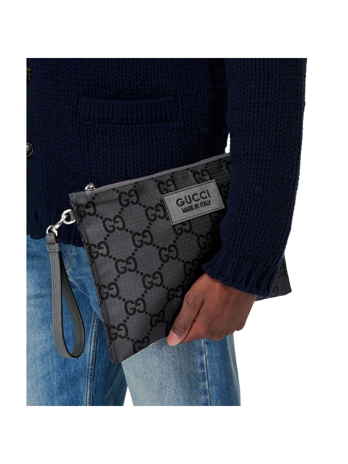 Gucci Ripstop Canvas Jumbo GG Large Clutch Wristlet Gray Black