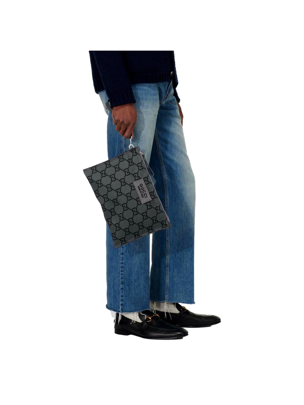 Gucci Ripstop Canvas Jumbo GG Large Clutch Wristlet Gray Black